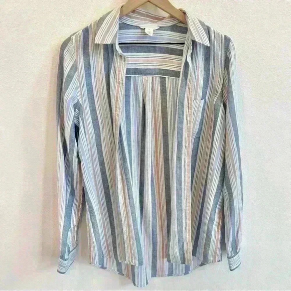 NWT Caslon Women’s Linen Blend Button-Up Striped Nordstrom Shirt Size X-Small - Picture 2 of 12